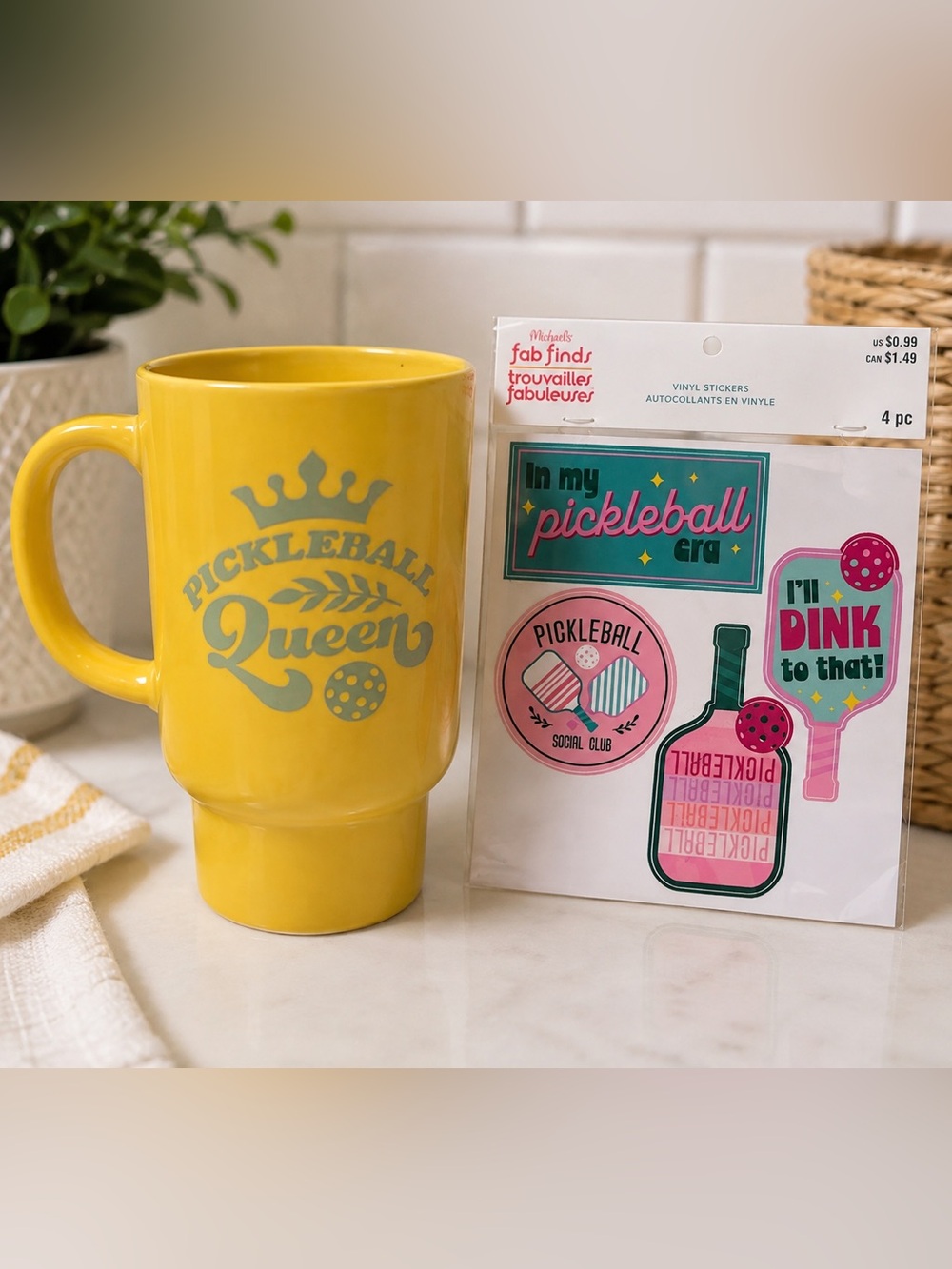 Pickleball Queen Yellow Mug + 4pc Vinyl Sticker Gift Set